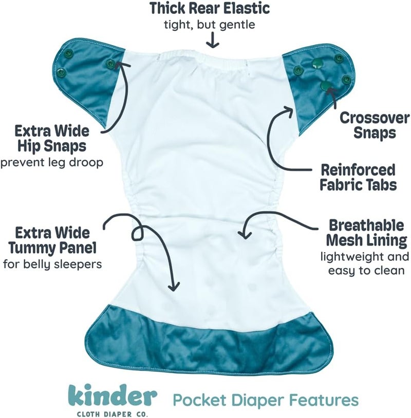 Kinder Cloth Diapers Set of 5 Reusable Baby Diapers Pocket Style Athletic Wicking Jersey, Bamboo Viscose Inserts, Wet Bag, Newborn to Potty Training 7-60lbs, One Size (Midnight) - Image 3
